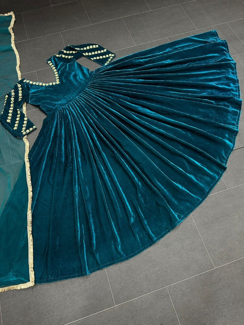 Dark rama velvet embroidery worked long gown