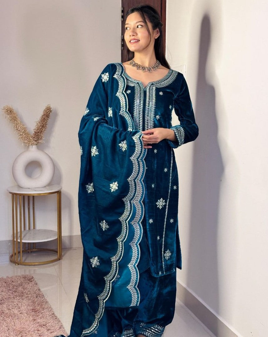 Dark rama velvet party wear palazzo suit