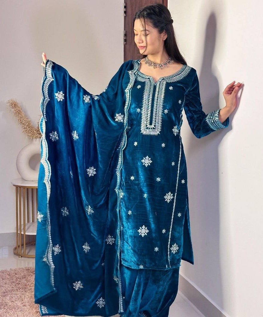 Dark rama velvet party wear palazzo suit