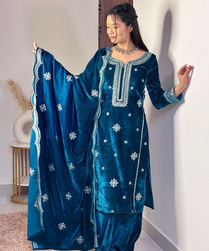 Dark rama velvet party wear palazzo suit