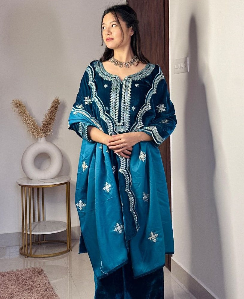 Dark rama velvet party wear palazzo suit