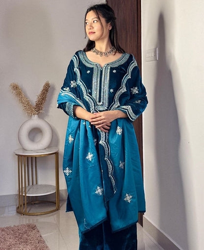 Dark rama velvet party wear palazzo suit