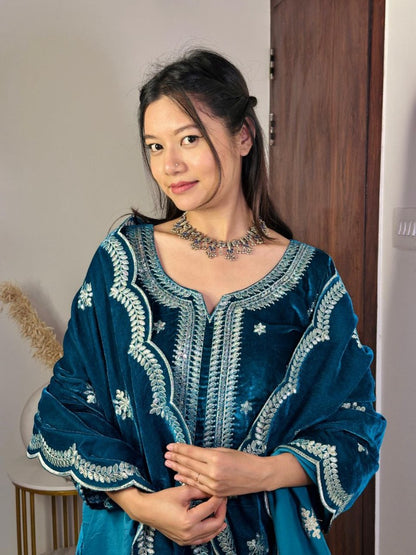 Dark rama velvet party wear palazzo suit