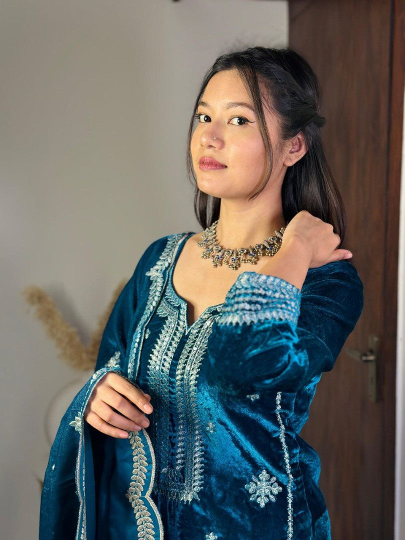 Dark rama velvet party wear palazzo suit