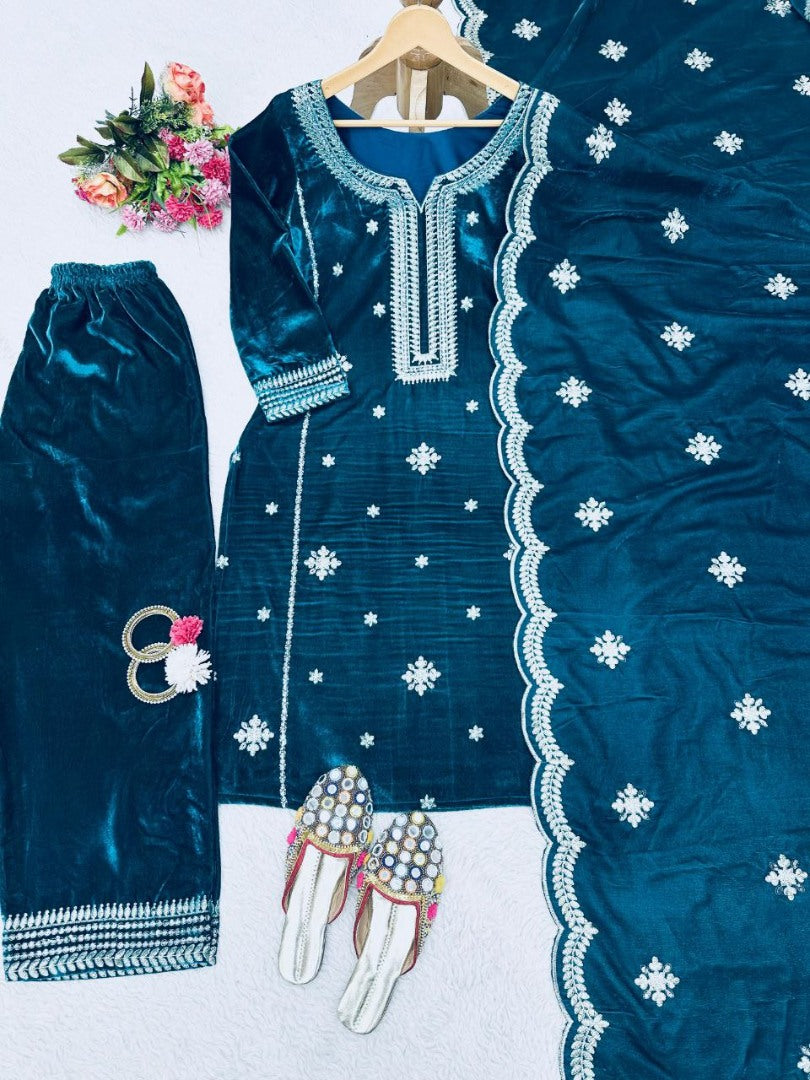 Dark rama velvet party wear palazzo suit