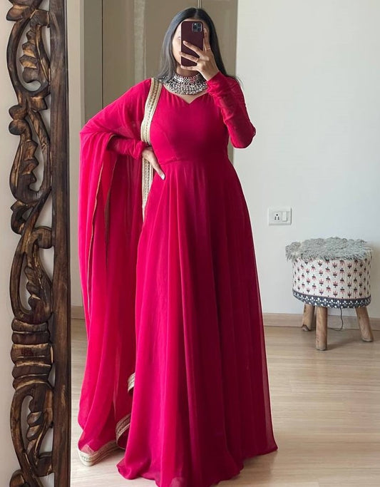 Dark rani pink georgette long party wear anarkali ethnic gown