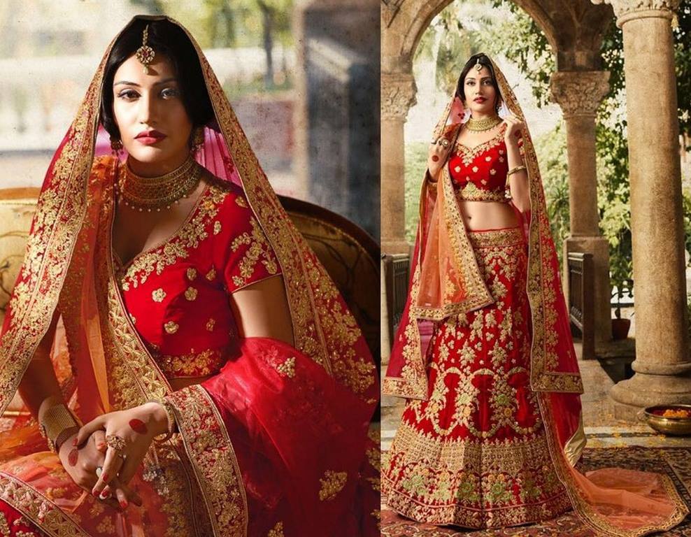 Dark red banglori silk heavy embroidered bridal lehenga