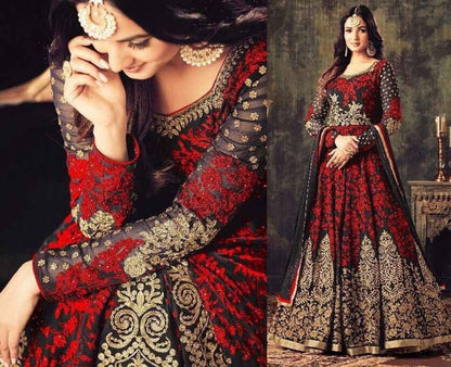 dark red georgette heavy embroidered wedding gown