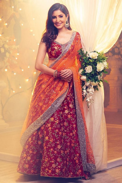 Dark red malai satin designer embroidered bridal lehenga