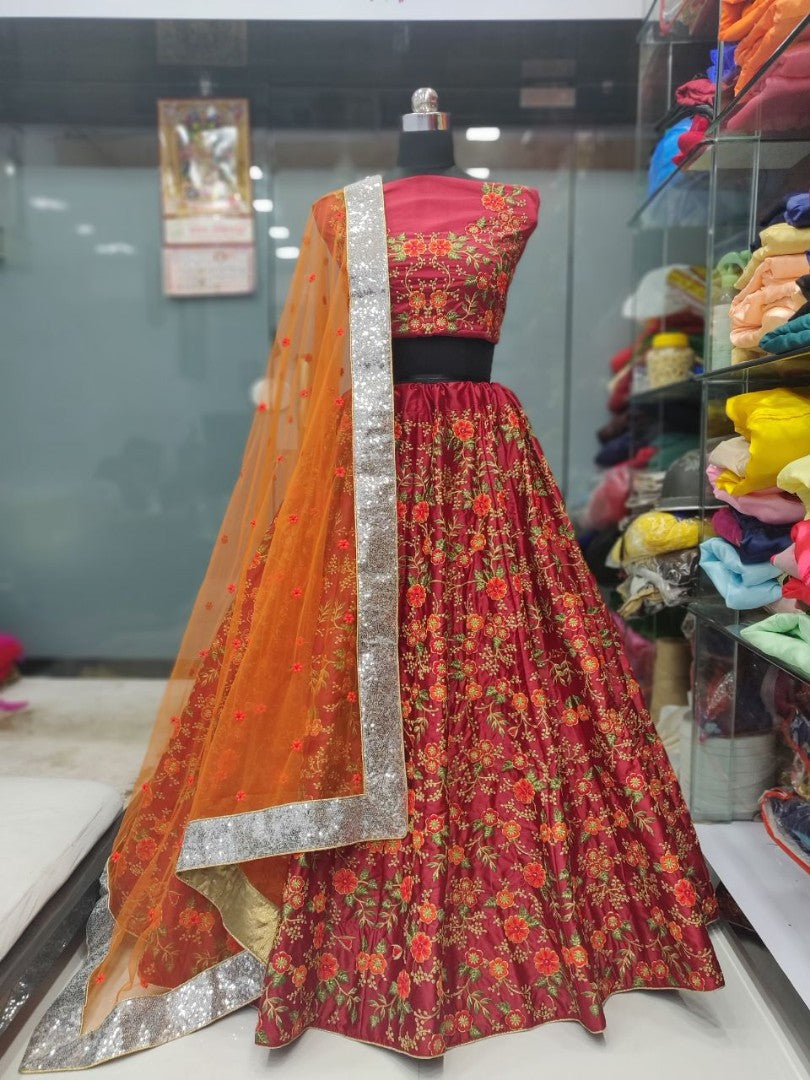 Dark red malai satin designer embroidered bridal lehenga