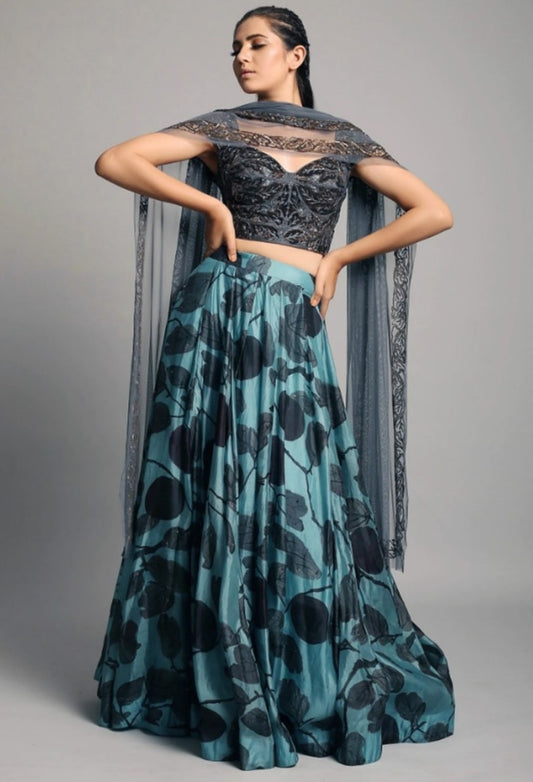 Dark sea green italian silk digital printed partywear lehenga choli