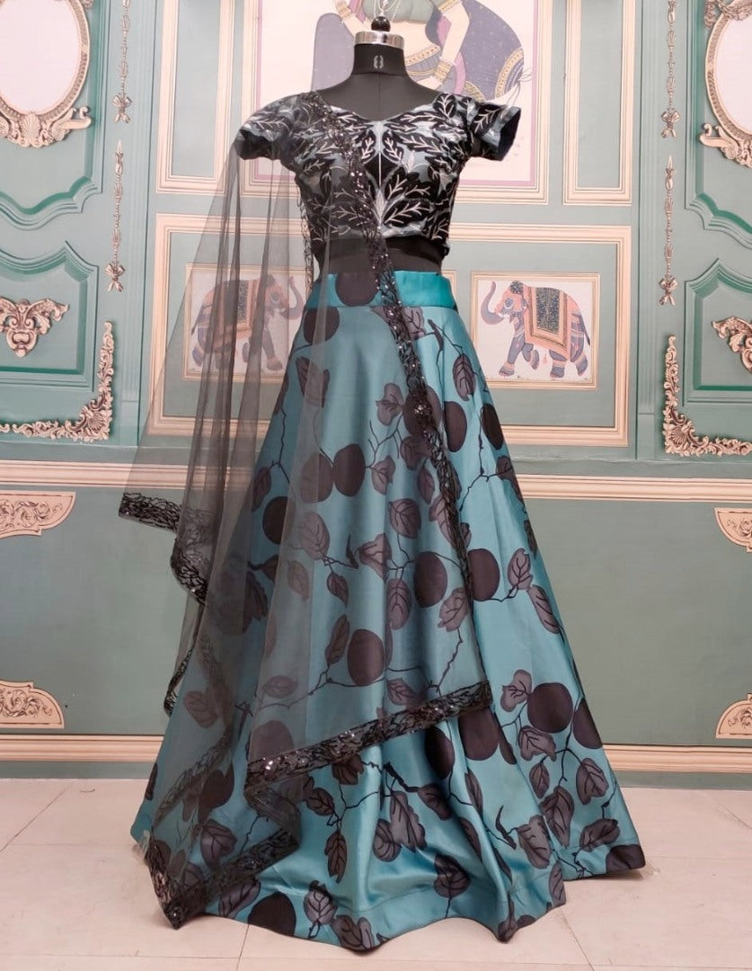 Dark sea green italian silk digital printed partywear lehenga choli