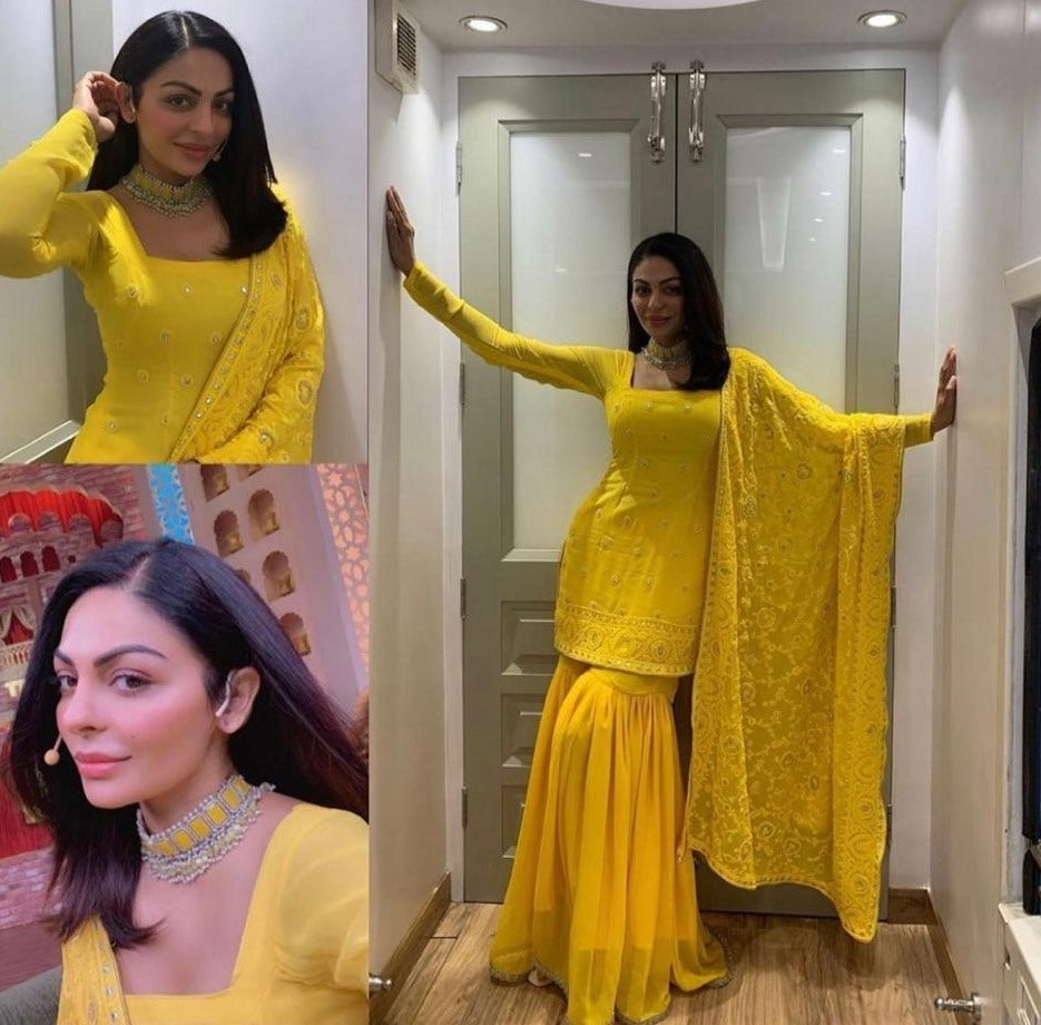 Dark yellow georgette embroidered sequence work ceremonial sharara