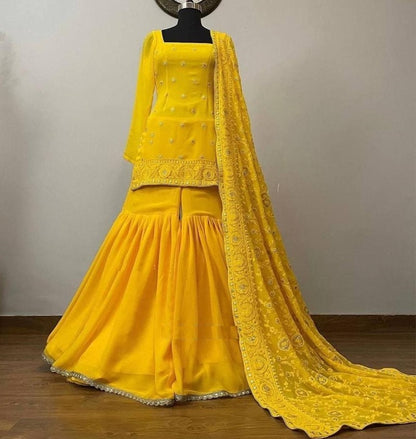 Dark yellow georgette embroidered sequence work ceremonial sharara