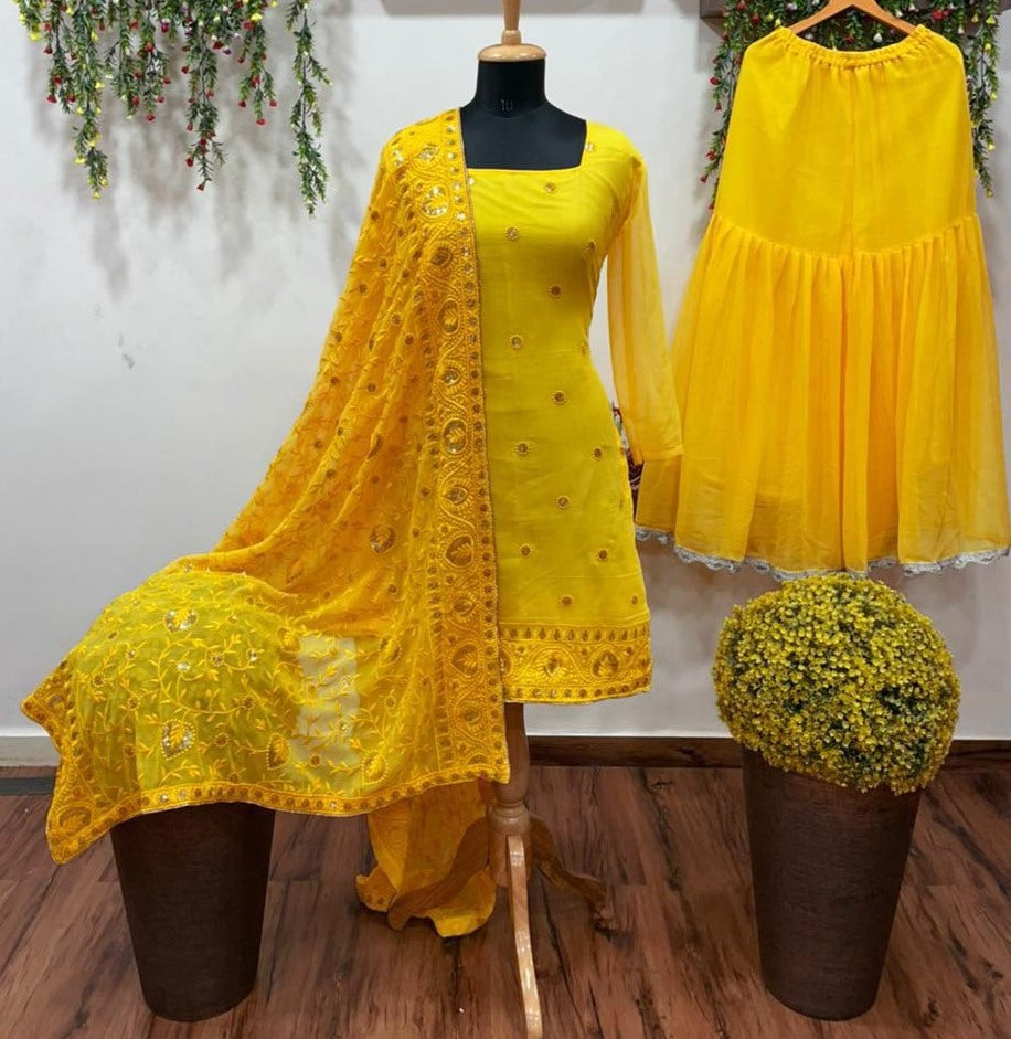 Dark yellow georgette embroidered sequence work ceremonial sharara