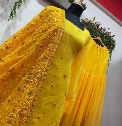 Dark yellow georgette embroidered sequence work ceremonial sharara