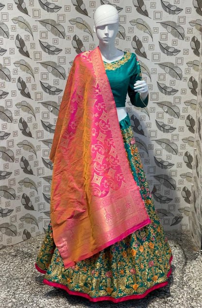 deep green thai silk heavy embroidered wedding lehenga
