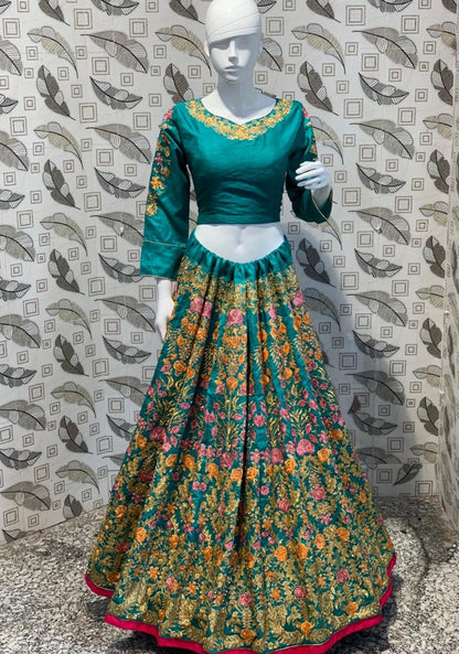 deep green thai silk heavy embroidered wedding lehenga