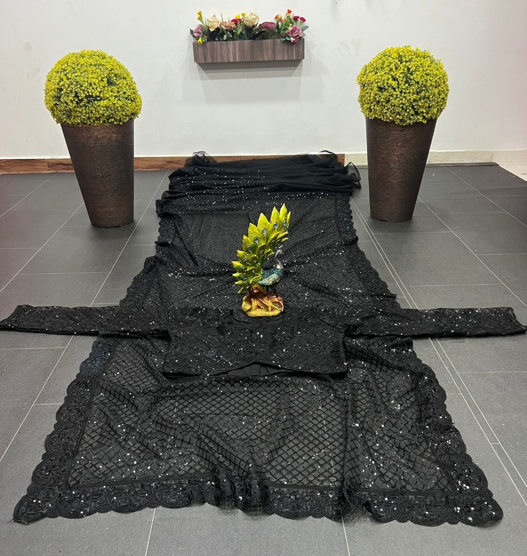 Deepika padukon black heavy sequence work party wear designer saree