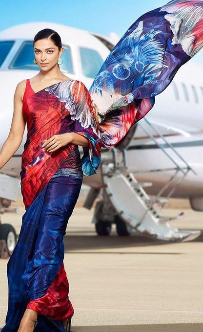 Deepika padukone multicolor printed japan satin designer saree