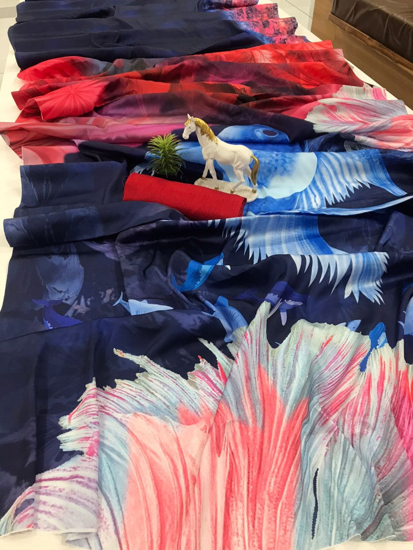 Deepika padukone multicolor printed japan satin designer saree