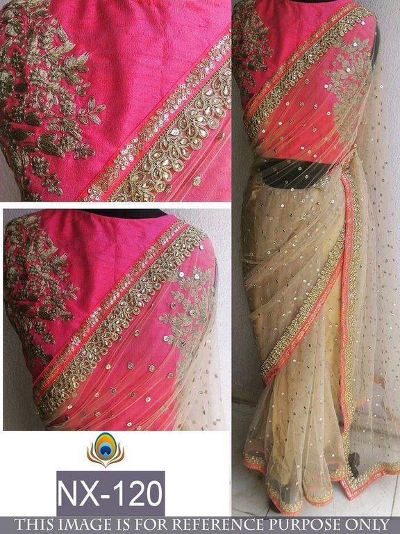 Designer Beautiful cream saree with fancy blouse