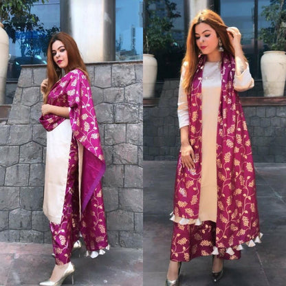 Designer beautiful soft satin plazzo suit with tassel dupatta