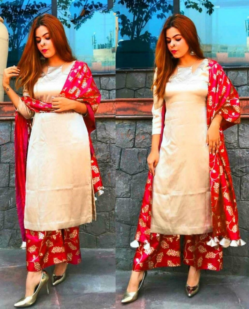 Designer beautiful soft satin plazzo suit with tassel dupatta