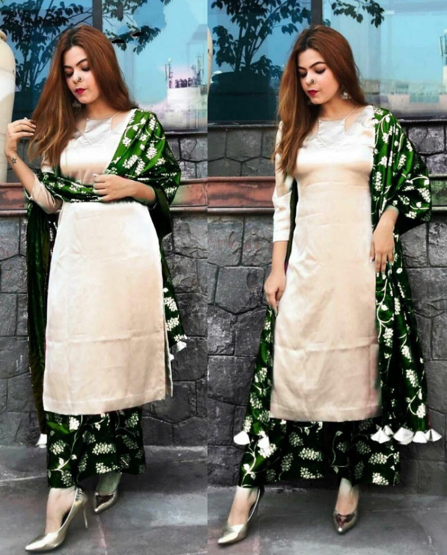 Designer beautiful soft satin plazzo suit with tassel dupatta