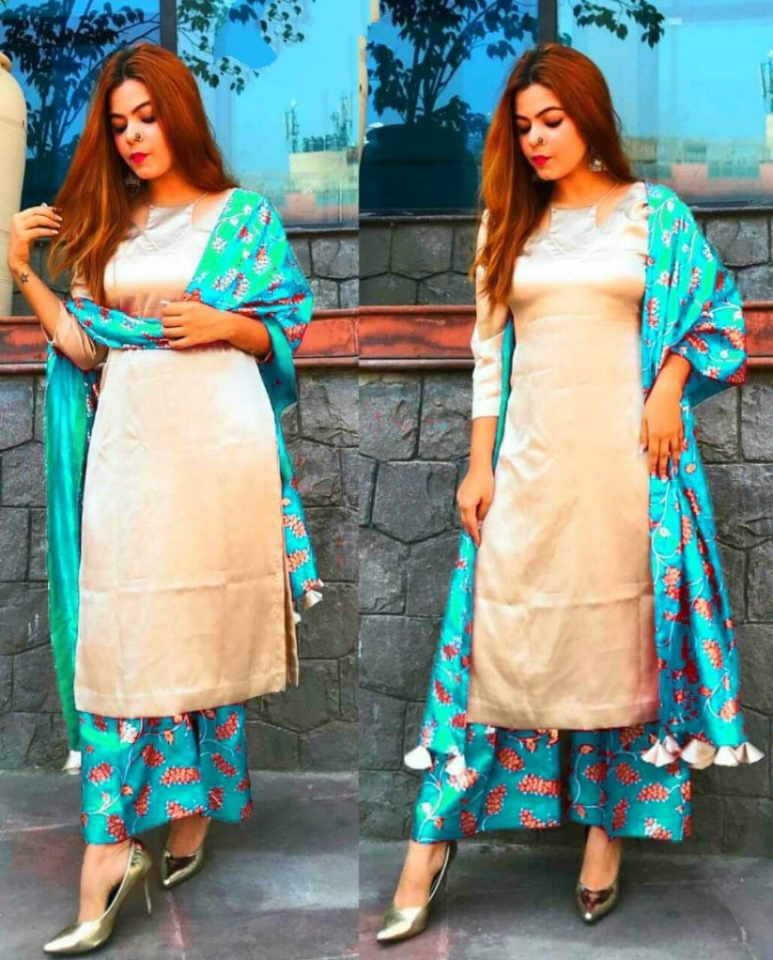 Designer beautiful soft satin plazzo suit with tassel dupatta