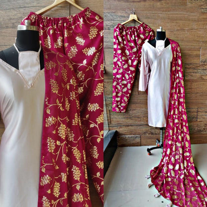 Designer beautiful soft satin plazzo suit with tassel dupatta