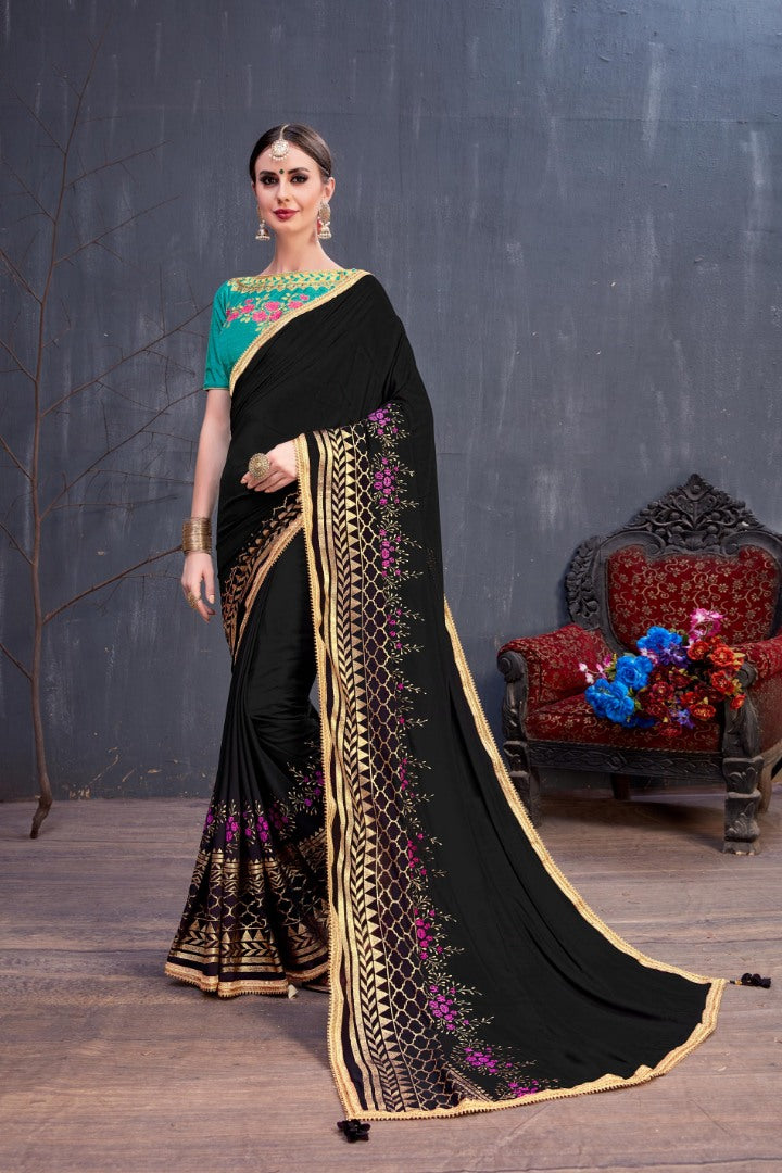 Designer black embroidered partywear saree