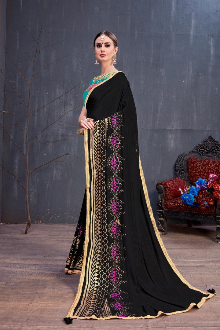 Designer black embroidered partywear saree