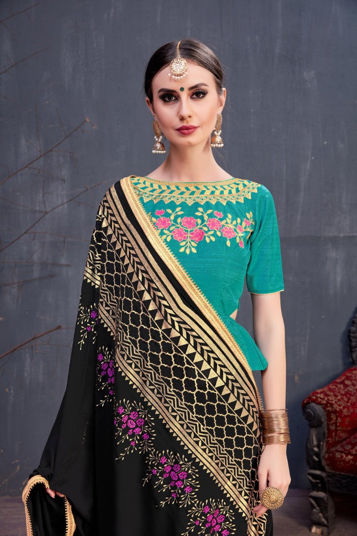 Designer black embroidered partywear saree