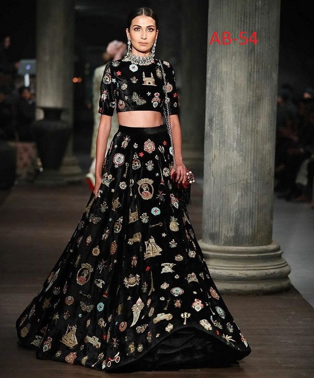 designer black heavy embroidered wedding lehenga