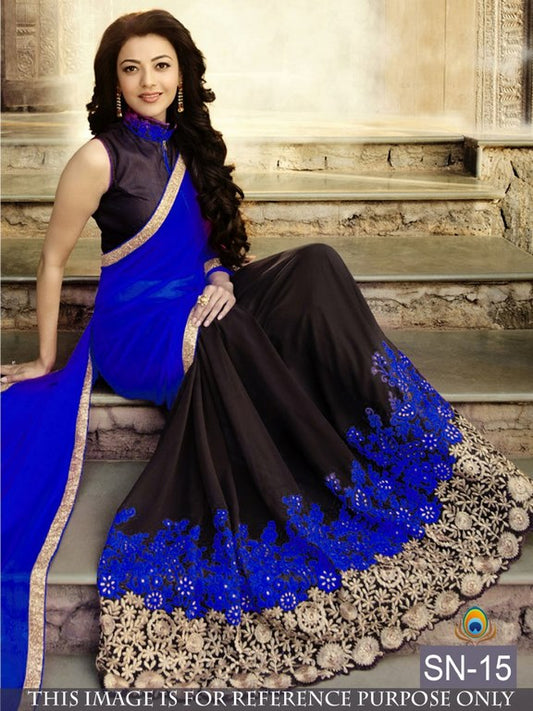 Designer blue and black embroidered heavy partywear saree