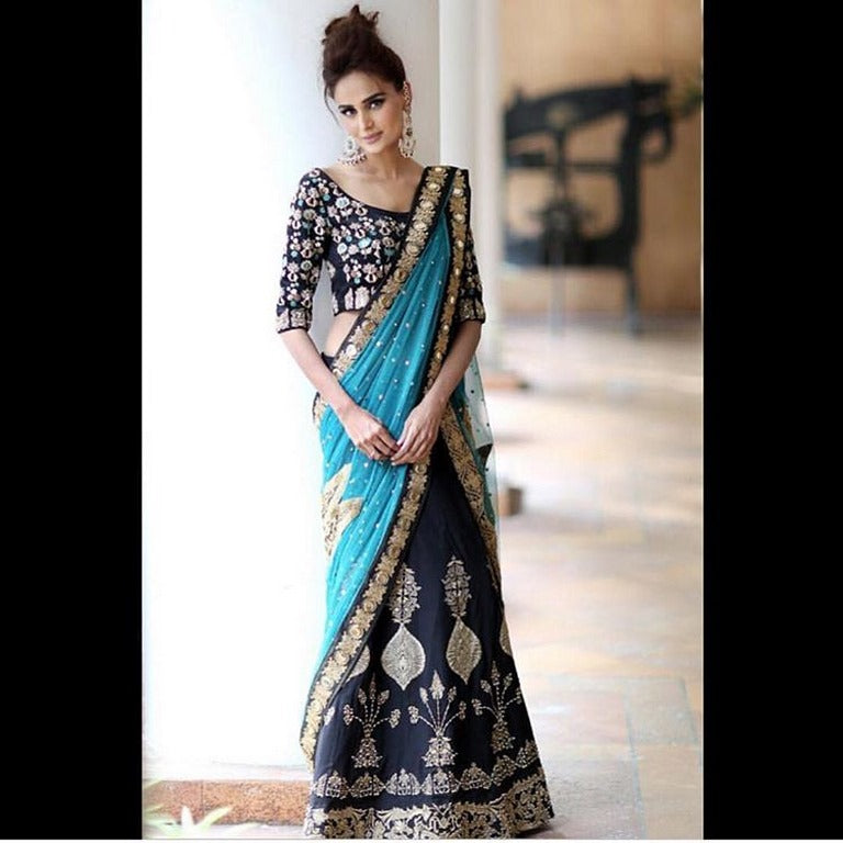 designer blue embroidered wedding lehenga