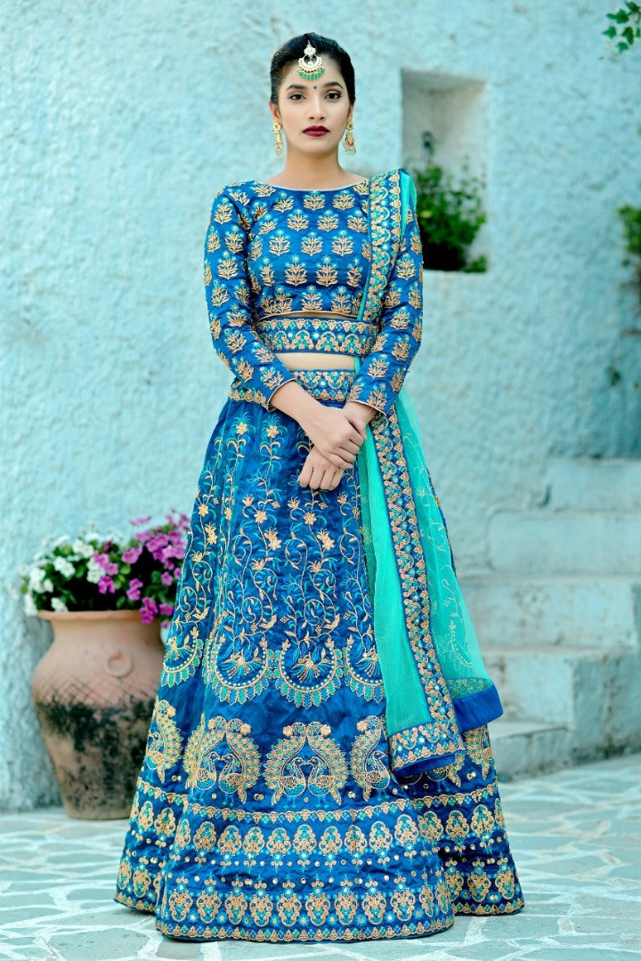 Designer blue silk heavy embroidered designer bridal wedding lehenga choli