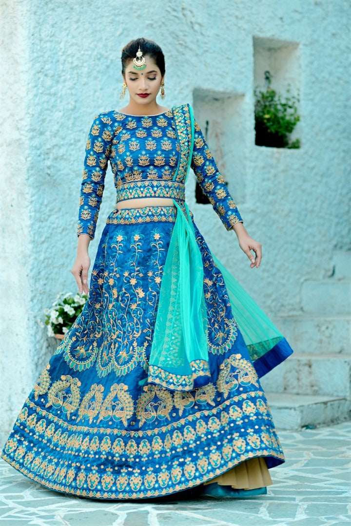 Designer blue silk heavy embroidered designer bridal wedding lehenga choli