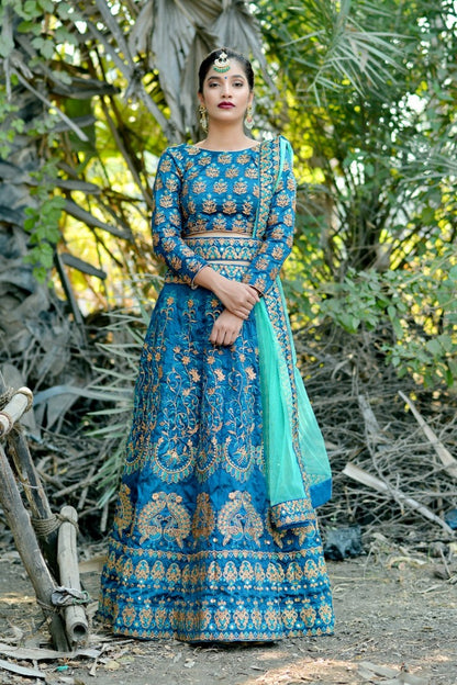 Designer blue silk heavy embroidered designer bridal wedding lehenga choli