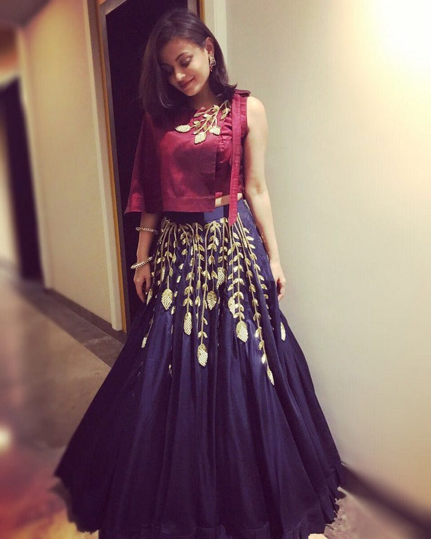 Designer blue tapeta silk embroidered indowestern lehenga