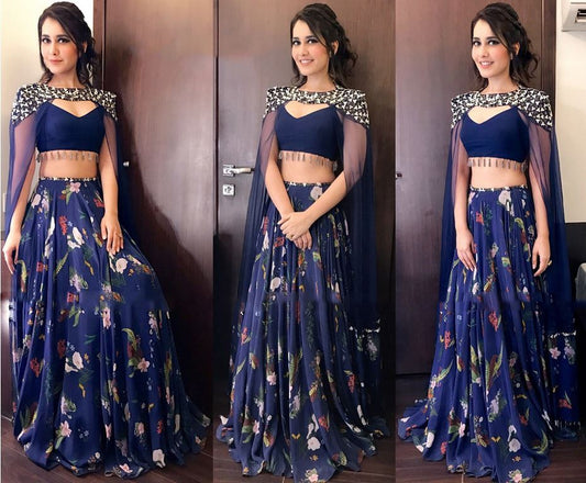 Designer blue tapeta silk printed lehenga with embroidered blouse