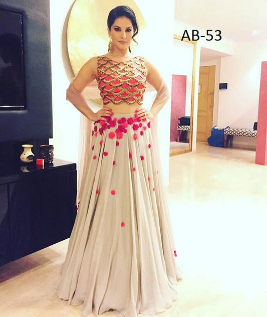 designer bollywood style cream embroidered party wear lehenga