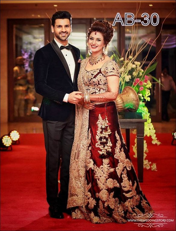 designer bollywood style maroon embroidered lahenga