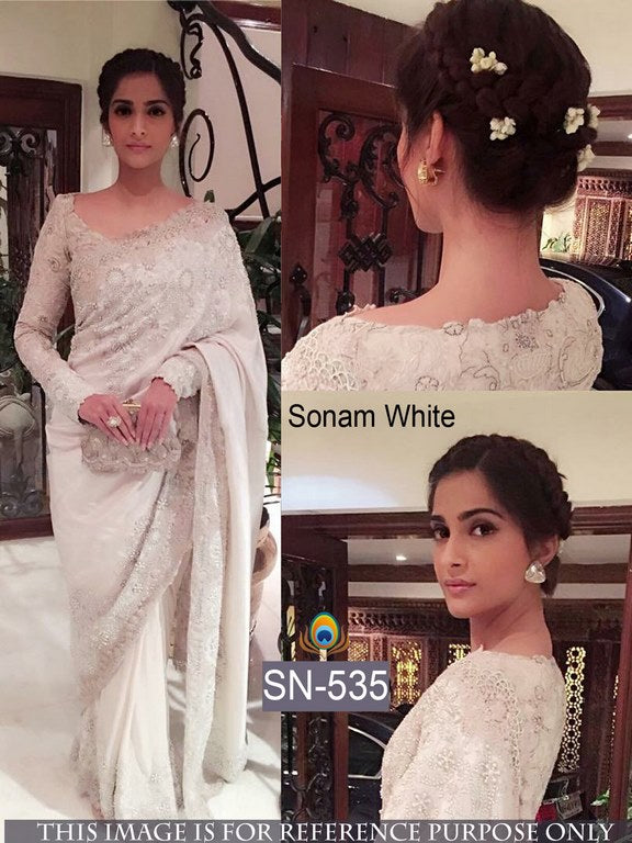 Designer bollywood style white embroidered saree