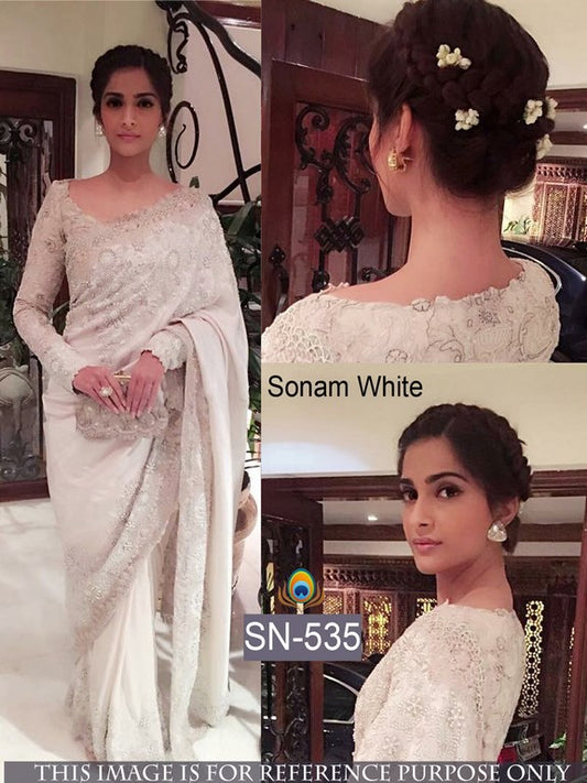 Designer bollywood style white embroidered saree