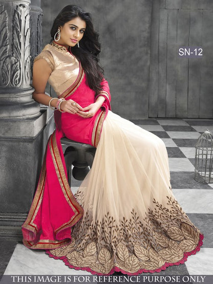 Designer cream and pink embroidered saree
