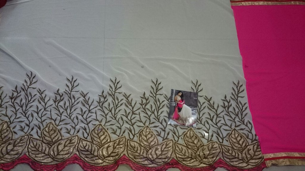 Designer cream and pink embroidered saree