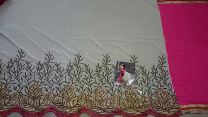 Designer cream and pink embroidered saree