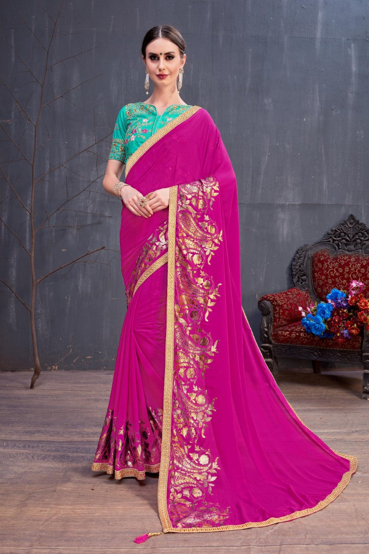 Designer dark pink embroidered partywear saree